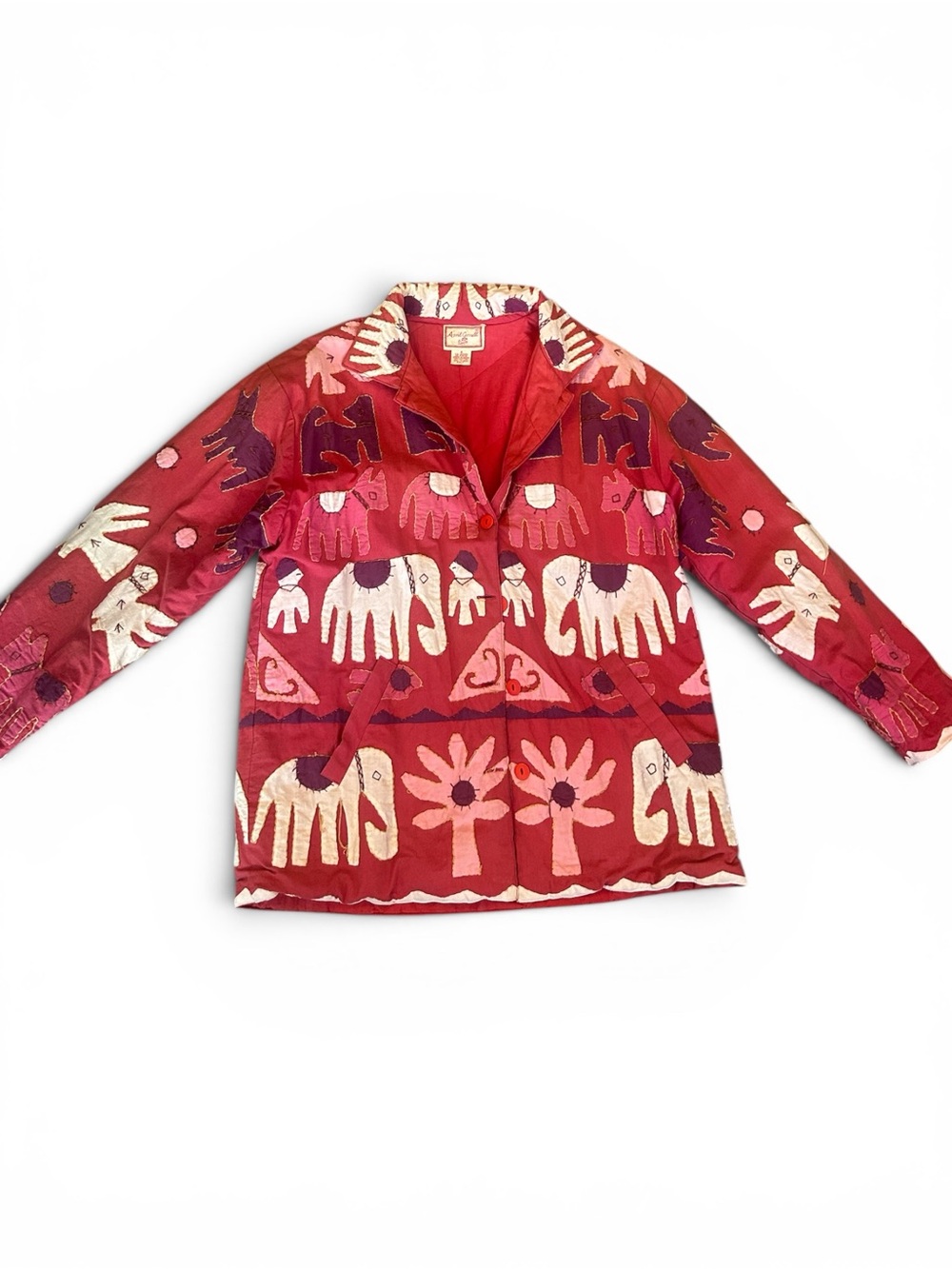 April Cornell Vintage Oversized Red Jacket with Patchwork of animals Cotton S